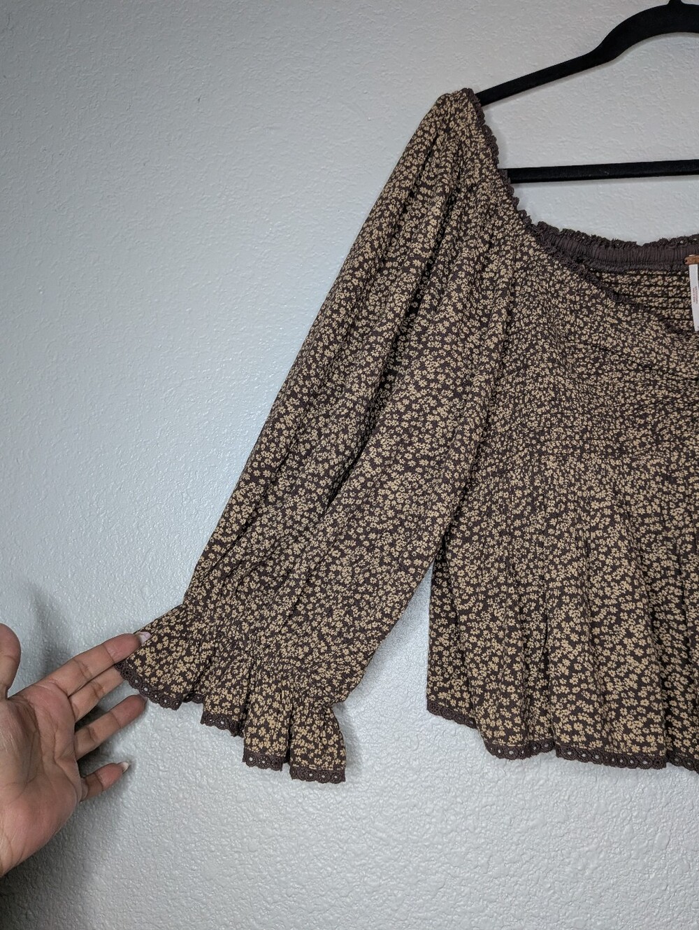 Free People Brown Floral Cropped Boho Brittnee Peplum Babydoll Peasant Top M - Picture 3 of 7
